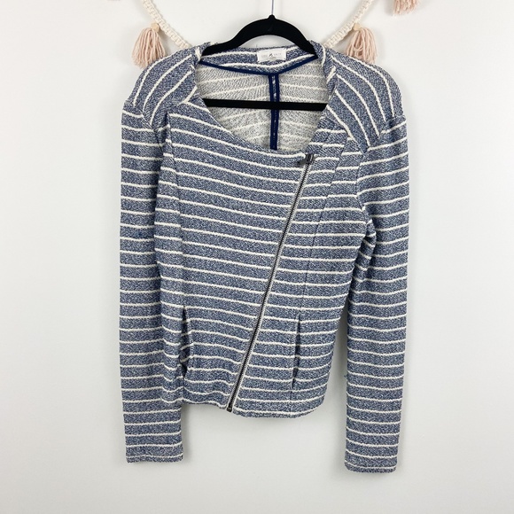 Lou & Grey Blue White tweed zip moto jacket Sz S - Picture 2 of 11